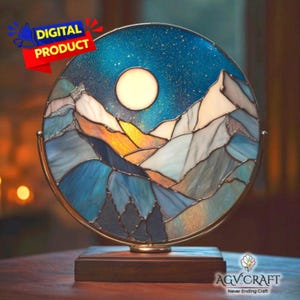 Motif de vitrail montagne lune, attrape-soleil PDF, vitrail pleine lune, décoration d'intérieur, vitrail fait main, art mural