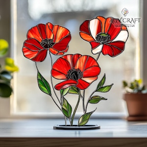 Poppy Stained Glass Pattern, Flower Poppy 3 Set Stained Glass Pattern, Poppy Suncatcher, Home Decor Glass, DIY Stained Glass, Wall Art Gift