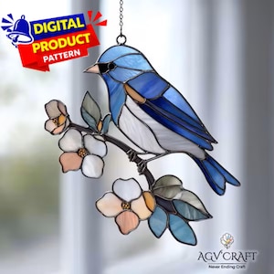 Bluebird Of Happines Stained Glass Pattern, Blue Jay Suncatcher, Bird Stained Glass, Home Decor Glass, DIY Stained Glass, Wall Art Gift