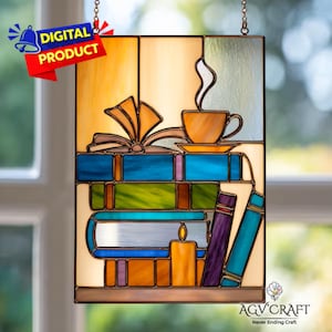 Bookish Stained Glass Pattern, Bookshelf Suncatcher, Books Stained Glass Pattern, Home Decor Glass, DIY Stained Glass, Wall Art Gift