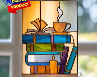 Bookish Stained Glass Pattern, Bookshelf Suncatcher, Books Stained Glass Pattern, Home Decor Glass, DIY Stained Glass, Wall Art Gift