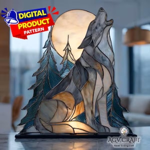 Howling Wolf In Forest Stained Glass Pattern, Wolf and Forest Suncatcher, Howling Wolf Stained Glass, Stained Glass, Home Decor, Glass Craft