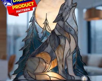 Vidriera con diseño de lobo aullando en el bosque, atrapasol de lobo y bosque, vidriera de lobo aullando, vidrieras, decoración del hogar, artesanía en vidrio