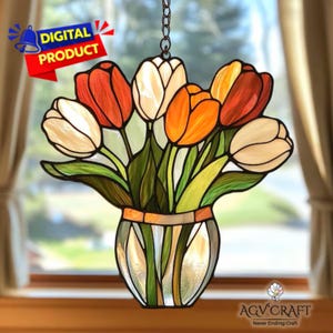 Tulpe in der Vase Glasmalerei, DIY Glasmalerei (PDF-Muster), Tulpen Suncatcher, Wohnkultur, DIY Glasmalerei, Wandkunst Geschenk