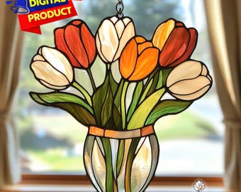 Tulip In Vase Stained Glass Pattern, DIY Suncatcher (PDF Pattern), Tulips Suncatcher, Home Decor, DIY Stained Glass, Wall Art Gift