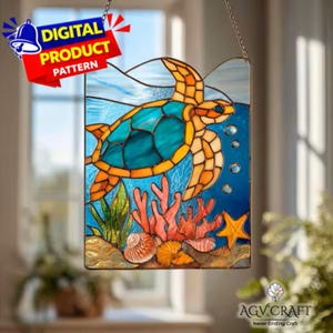 Sea Turtle Swimming Stained Glass Pattern, Sea Turtle Suncatcher, Turtle Stained Glass, Home Decor, Handmade Stained Glass PDF, Wall Art