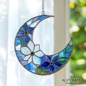 Mandala Moon Stained Glass Pattern, Moon  Stained Glass Pattern, Crscent Moon Suncatcher, Home Decor Glass, DIY Stained Glass, Wall Art Gift