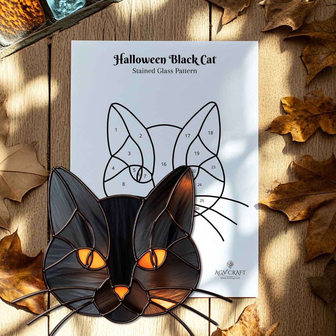Black Cat Face Stained Glass Pattern, Halloween Suncatcher (PDF Pattern ...