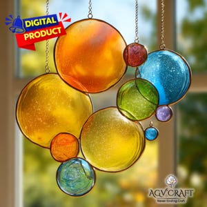 Regenboog bubbels glas in lood patroon, regenboog bubbels Suncatcher, bubbels gebrandschilderd glas, woondecoratie, handgemaakt glas in lood, kunst aan de muur cadeau
