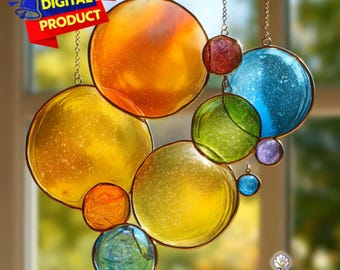 Regenboog bubbels glas in lood patroon, regenboog bubbels Suncatcher, bubbels gebrandschilderd glas, woondecoratie, handgemaakt glas in lood, kunst aan de muur cadeau