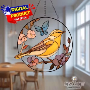 Warbler Bird Stained Glass Suncatcher Pattern, Floral Design (PDF Pattern), Home Decor