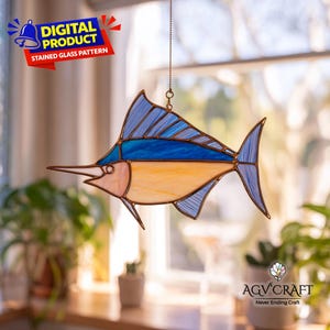 May include: Stained glass pattern of a marlin fish, featuring shades of blue, yellow, and pink. The fish is suspended by a chain. The image includes the text "DIGITAL PRODUCT STAINED GLASS PATTERN".