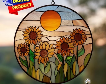 Patrón de atrapasol de vitral con girasoles (patrón PDF), vitral de girasol, decoración del hogar, vitral DIY, regalo de arte mural