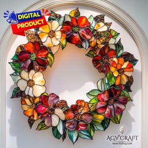 Bloemenkrans glas-in-loodpatroon, bloemenkroon suncatcher, bloemschikking gebrandschilderd glas, woondecoratie, DIY glas in lood, kunst aan de muur cadeau