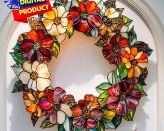 Patrón de vitral con corona de flores, atrapasol con corona de flores, vitral con arreglos florales, decoración del hogar, vitral DIY, regalo de arte mural