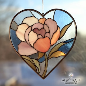 Peony Flower In Heart Stained Glass Pattern, Peony Flower Suncatcher, Peony Flower Stained Glass, Home Decor, DIY Stained Glass, Wall Art