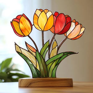 Tulip Plant Stained Glass Pattern, Tulip Stained Glass Pattern, Suncatcher Flower, Home Decor Glass, DIY Stained Glass, Wall Art Gift