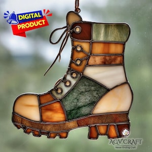 Hiking Shoes Stained Glass Pattern, Hiking Suncatcher, Travel Stained Glass Pattern, Home Decor, DIY Stained Glass, Wall Art Gift
