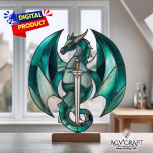 Patrón de vitral "Atrapasol de dragón con espada" (PDF), vitral de dragón, vitral hecho a mano (PDF), decoración del hogar