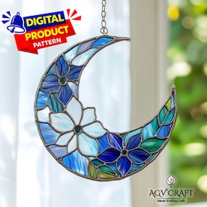 Mandala Moon Stained Glass Pattern, Crscent Moon Suncatcher template, Home Decor, DIY Stained Glass, Wall Art Gift
