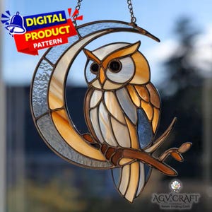Moon Owl Stained Glass Pattern, Owl on Crescent Moon Suncatcher, Celestial Owl Stained Glass, Home Decor Glass, DIY Stained Glass, Wall Art