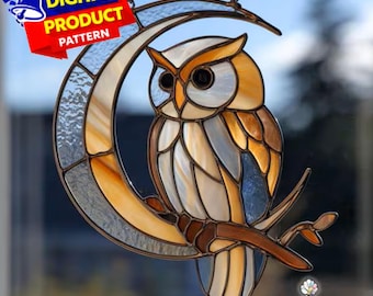 Motif de vitrail hibou lune, attrape-soleil en forme de hibou sur le croissant de lune, vitrail hibou céleste, décoration d'intérieur en verre, vitrail bricolage, art mural