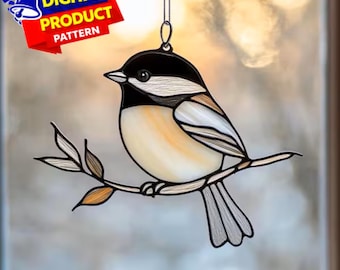 Motif de vitrail mésange, motif de vitrail oiseau, attrape-soleil oiseau, décoration d'intérieur en verre, vitrail bricolage, cadeau d'art mural