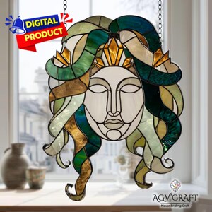 Motif de vitrail Medusa, attrape-soleil Medusa, décoration d'intérieur, PDF de vitrail fait main, cadeau d'art mural