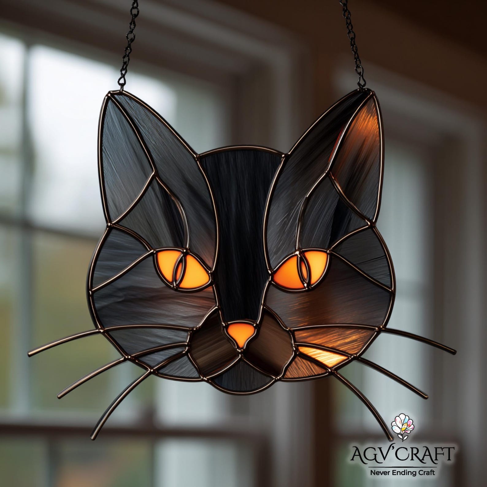 Black Cat Face Stained Glass Pattern, Halloween Suncatcher (PDF Pattern ...