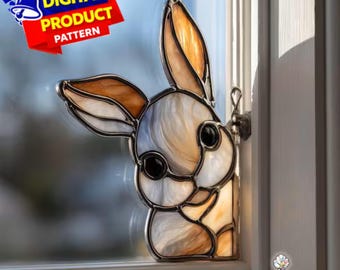 Motif de vitrail lapin au coin, attrape-soleil d'angle lapin, vitrail lapin, décoration en verre, vitrail bricolage, cadeau d'art mural