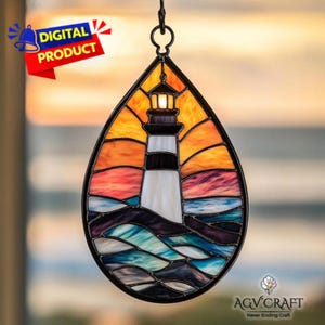 Lighthouse Stained Glass Pattern, Sunset Lighthouse  Suncatcher, Ocean Stained Glass Pattern, Home Decor, DIY Stained Glass, Wall Art Gift