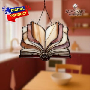 Patrón de vitral de libro abierto, atrapasol de libros, vitral de libro, decoración del hogar, vitral hecho a mano, regalo de arte mural