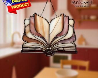 Patrón de vitral de libro abierto, atrapasol de libros, vitral de libro, decoración del hogar, vitral hecho a mano, regalo de arte mural