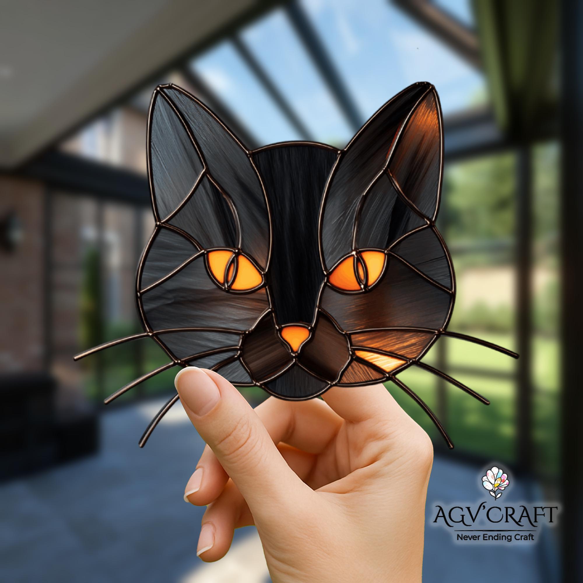 Black Cat Face Stained Glass Pattern, Halloween Suncatcher (PDF Pattern ...