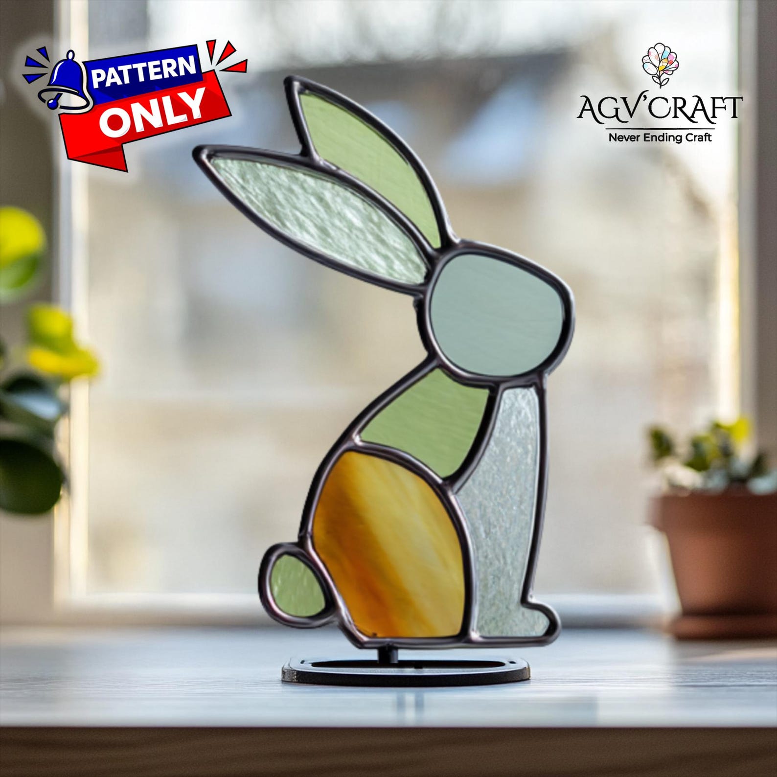 Simple Stained Glass Rabbit Bunny Plant Stakes Stained Glass Pattern, Bunny Suncatcher, Rabbit ...