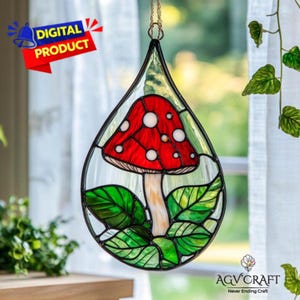 Patrón de vitral con forma de hongo rojo, patrón de vitral con forma de gota de hongo, atrapasol con forma de hongo, vidrio decorativo para el hogar, vitrales DIY, arte mural