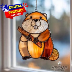 Beaver Stained Glass Pattern, Wildlife Suncatcher Pattern, Home Decor, DIY Stained Glass, Wall Art Gift