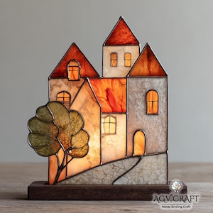 Village Stained Glass Pattern, Village Suncatcher, Old Home Stained Glass, Home Decor Glass, Handmade Stained Glass, Wall Art Gift