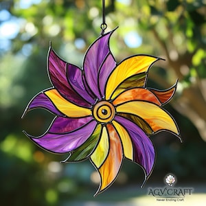 Flower Wind Spinner Stained Glass Pattern, Spinner Suncatcher, Mini Windmill Decor Stained Glass, Home Decor Glass, Stained Glass, Wall Art