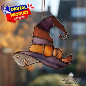 Hexenhut Glasmalerei-Muster, Witchy Hut Suncatcher Vorlage, Halloween-Dekor, DIY Glasmalerei, Wandkunst