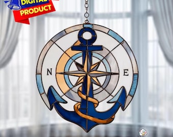 Compass Anchor Stained Glass Pattern, Compass Suncatcher, Navigation Stained Glass, Home Decor Glass, DIY Stained Glass, Wall Art