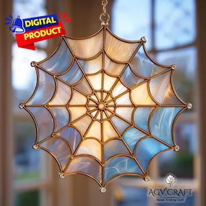 Spider Web Stained Glass Pattern, Spider Web Suncatcher, Round Spider Web Stained Glass, Home Decor Glass, DIY Stained Glass, Wall Art Gift