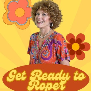 An invitation with a fun yellow background, groovy, flowers, and text that says "Get Ready to Roper." Includes details about the event below.