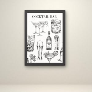 Placa de bar de coquetéis, placa de bar elegante em preto e branco, impressão de menu de bebidas