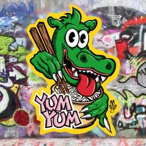 May include: A green cartoon monster with a toothy grin is eating a bowl of noodles with chopsticks. The bowl is labeled "Yum Yum" in pink letters.