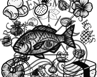 Peut inclure: Illustration en noir et blanc de divers aliments, dont un poisson, des sushis, des crevettes, un fruit de la passion et une fleur d'hibiscus. L'image est disposée en cercle avec le mot "ENERGY" en motif circulaire.