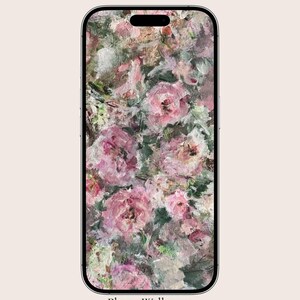 May include: A phone wallpaper featuring a painterly floral design in shades of pink, white, and green. The artwork resembles an oil painting with visible brushstrokes. The text "Phone Wallpaper" and "Jules Blooms Studio" are displayed at the bottom.