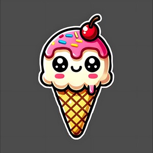 Kawaii Eis Aufkleber, Süßes Essen Vinyl Aufkleber, Chibi Eis Waffe Dessert mit Streuseln & Kirschen Aufkleber für Laptop Wasserflasche Planer