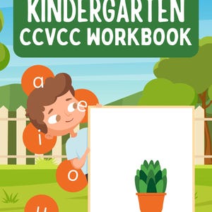 May include: A boy holds up a white board with a green plant in a brown pot. The board has four circles at the bottom, three green and one orange. The boy is holding the board with his left hand and pointing to the plant with his right hand. The letters a, i, o, and u are in orange circles around the boy.