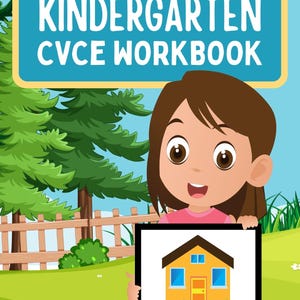 May include: A girl holds up a card with a picture of a yellow house and the letters 'h', 'o', 'm', and 'e' in circles. The card is titled 'Kindergarten CVCe Workbook'.